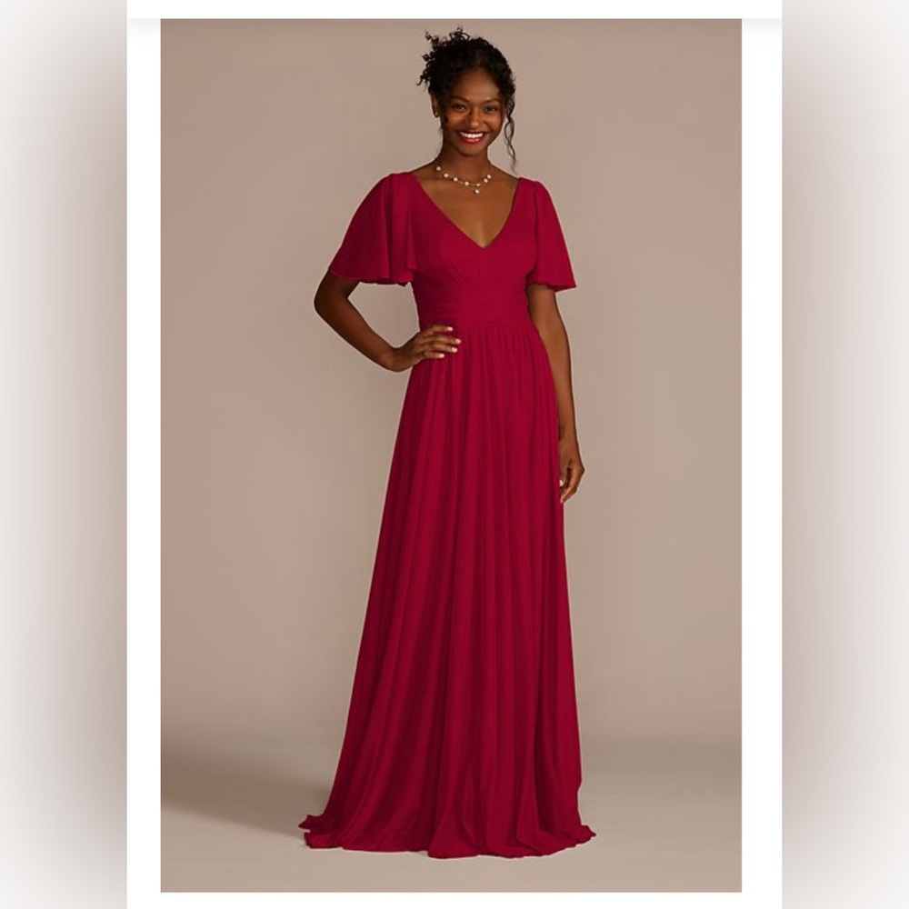 David’s Bridal flutter sleeve cross-cross mesh bridesmaids dress in Apple